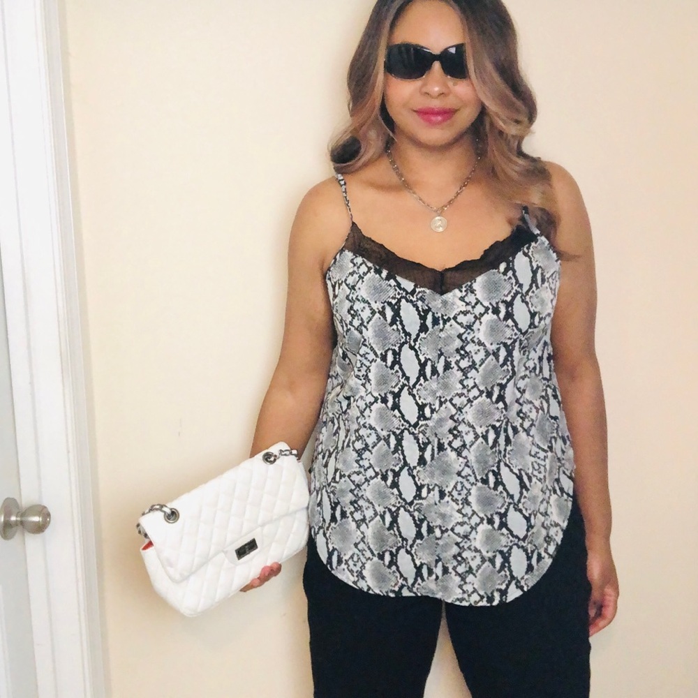 2X PLUS SIZE Snake Animal Print Lace Trim Gray Black White Sleeveless Cami Top